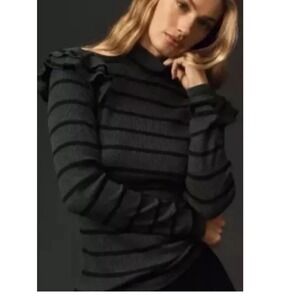 T La Anthropologie Ruffle Shoulder Top Long Sleeve Mock Neck Striped Blouse